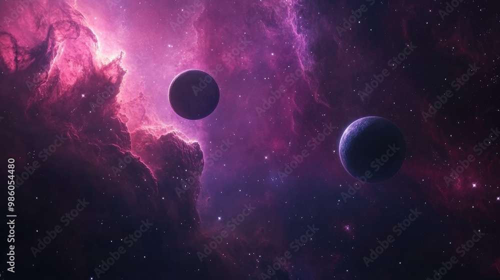 Poster a stunning view of planets floating above colorful nebulae, their surfaces illuminated by distant st