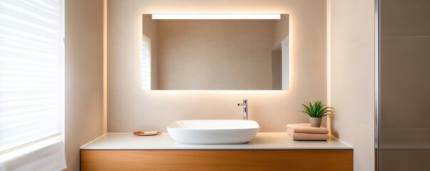 Frameless mirror with integrated lighting in a minimalist white bathroom, minimalist bathroom aesthetic, sleek modern design