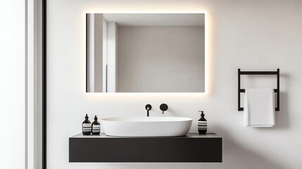 Frameless mirror with integrated lighting in a minimalist white bathroom, minimalist bathroom aesthetic, sleek modern design