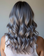 Fototapeta premium A close-up view showcases beautiful, shiny gray ash curls that exhibit a stunning texture and vibrant luster, accentuated by soft lighting. The intricate curls frame the head beautifully. AI