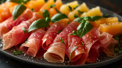 thin slices of prosciutto wrapped delicately around sweet cantaloupe and honeydew melon wedges
