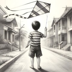 Pencil drawing of Child flying a kite