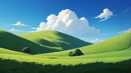 Obraz premium A single fluffy cloud drifts in a clear blue sky, casting a gentle shadow over the rolling green hills below.