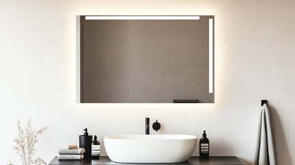 Frameless mirror with integrated lighting in a minimalist white bathroom, minimalist bathroom aesthetic, sleek modern design