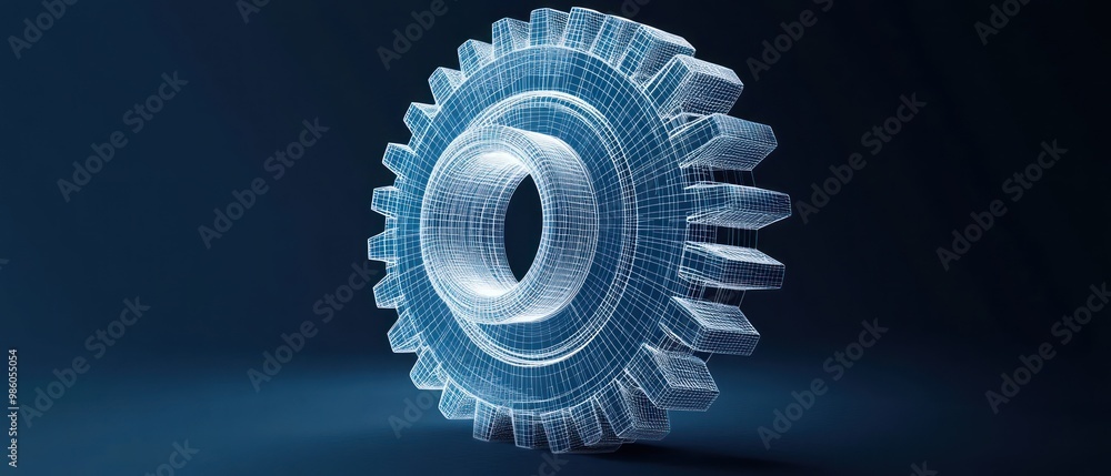 Poster a 3d wireframe representation of a gear, illustrating mechanical design and engineering concepts.