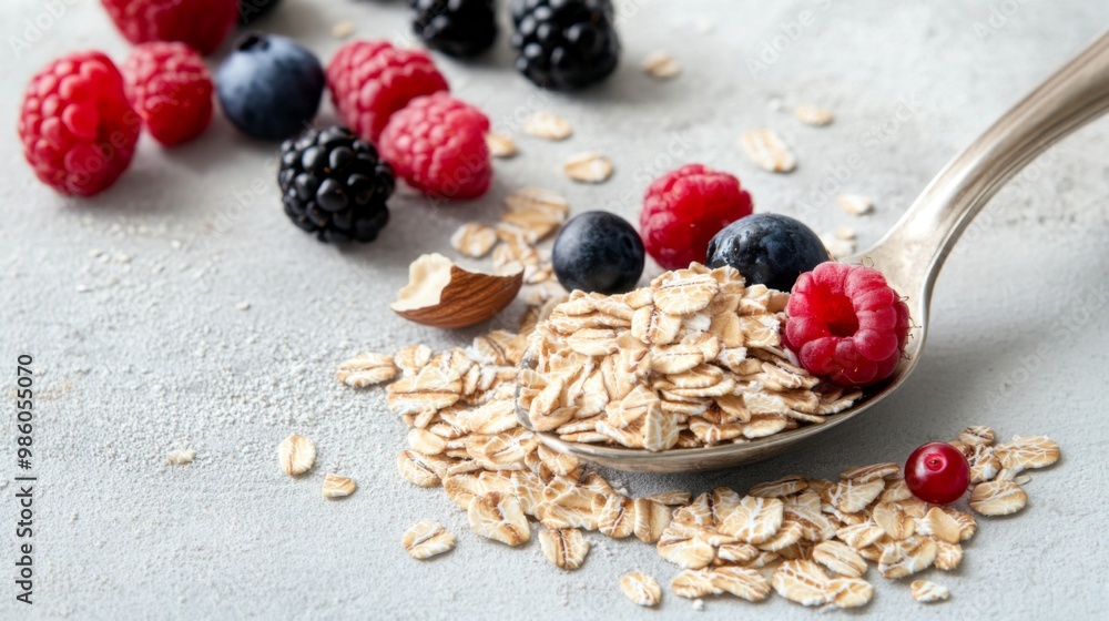 Poster A close-up of rolled oats and a spoon, with a sprinkling of fresh berries and nuts on a white surface, highlighting the nutritious and versatile nature of the grains.