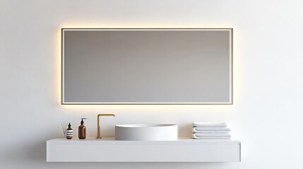 Frameless mirror with recessed lighting and brass accents, minimalist bathroom aesthetic, modern sleek design