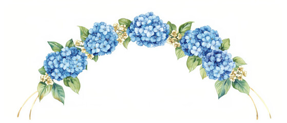 A beautiful arrangement of blue hydrangea flowers with lush green leaves, perfect for adding elegance to any design.