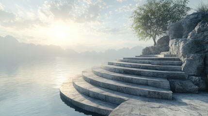 Fototapeta premium A peaceful morning at an amphitheatre by the sea, with the seating made of natural stone and the stage set on the shore. The water is calm, reflecting the sky above, and the overall mood is serene