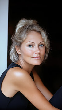 femme blonde avec chignon vu de trois quart assise en robe noire &eacute;paules nue