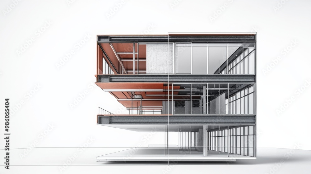 Poster modern architectural concept showcasing a transparent multi-level building design with sleek lines a