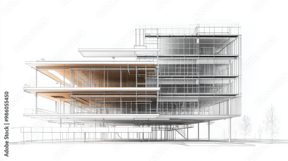 Poster architectural design of a modern building with transparent elements and cantilevered sections showca
