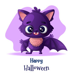 A cute, happily smiling purple bat waves in greeting. Charming funny animal with cartoon vector illustration