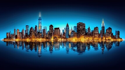 Obraz premium Stunning skyline view featuring illuminated skyscrapers reflecting in the water under a twilight sky.