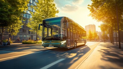 Obraz premium A modern bus drives through a tree-lined street at sunset, surrounded by buildings, creating a vibrant urban scene.