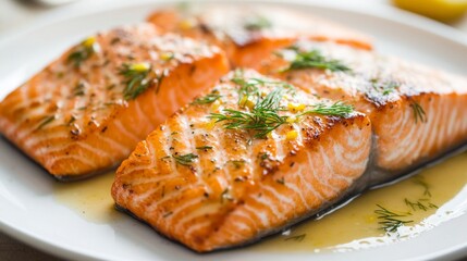 A close-up of seared salmon with a rich, golden crust and tender pink interior, garnished with a drizzle of lemon butter sauce and fresh dill on a white plate
