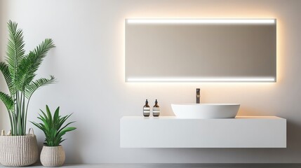 Large frameless mirror with integrated lighting in a minimalist bathroom, minimalist bathroom aesthetic, modern luxury