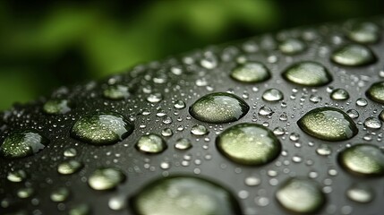 A close-up view of water droplets on a dark green leaf, showcasing the natural beauty and intricate details of nature's artistry