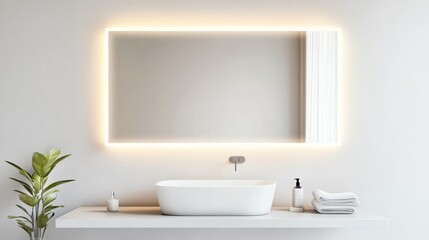 Large frameless mirror with soft lighting in a minimalist bathroom, minimalist bathroom aesthetic, sleek modern look