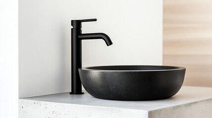 Matte black faucet over a concrete sink in a minimalist bathroom, minimalist bathroom aesthetic, bold contrast