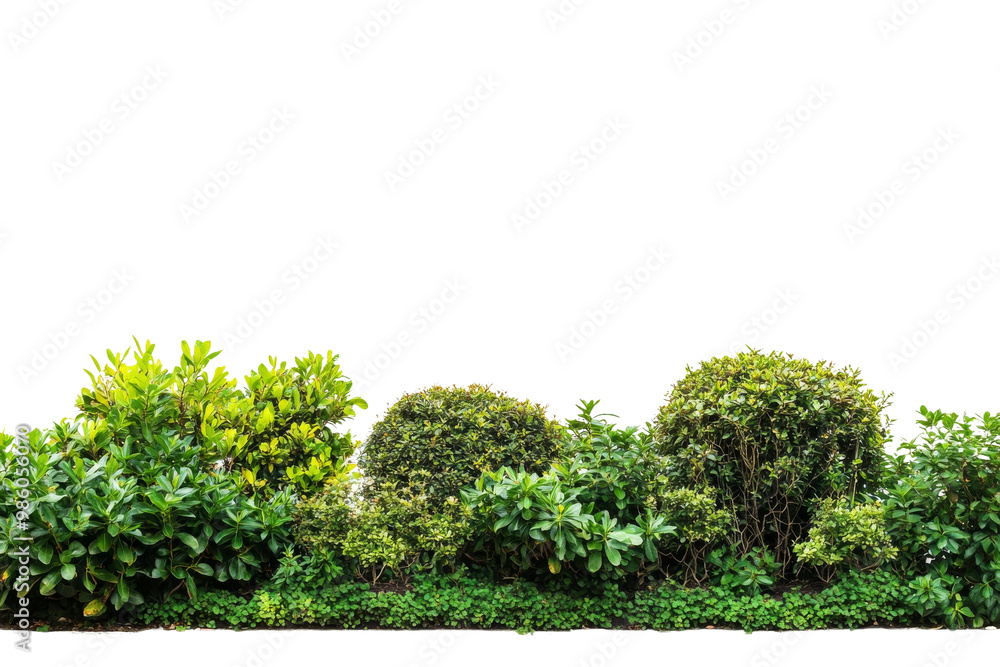 Poster lush green shrubbery with varying textures and shapes against a transparent background