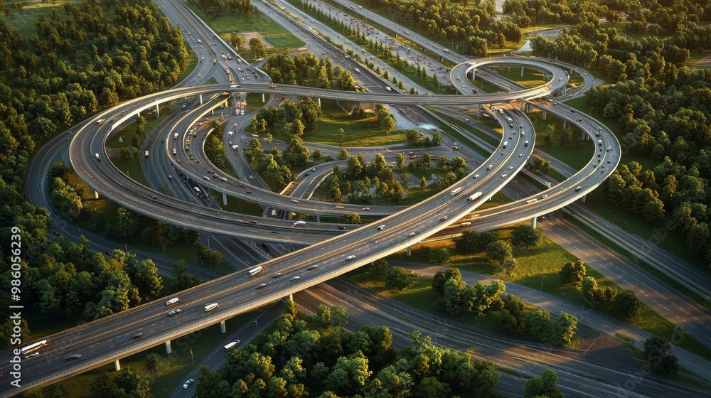 Poster an aerial view of a complex highway interchange surrounded by greenery, showcasing multiple lanes an