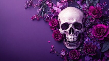 A human skull surrounded by purple flowers on a purple background.