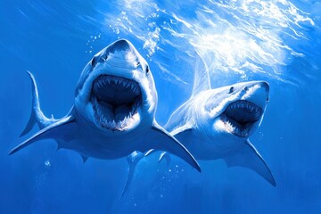 Two powerful sharks swim gracefully in the deep blue ocean, showcasing their raw beauty and predatory grace in the underwater world.