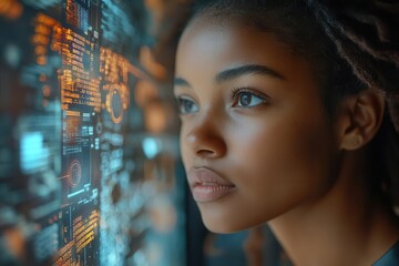 powerful portrait of african american female cto in sleek office interacting with holographic data projections embodying leadership in technology and diversity in stem fields