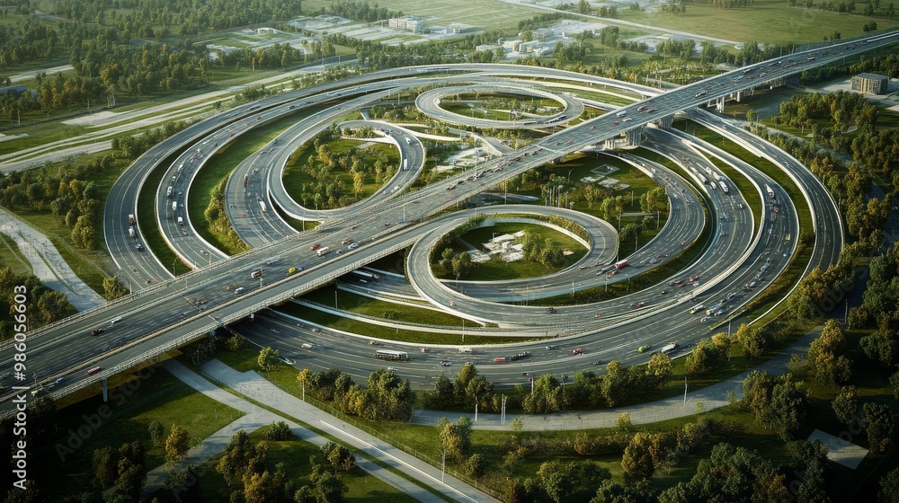 Poster an aerial view of an intricate highway interchange with circular loops, surrounded by greenery, demo
