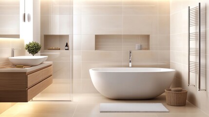 Neutral-toned bathroom with clean lines, soft lighting, and wooden accents, minimalist bathroom aesthetic, modern elegance