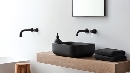 Neutral-toned minimalist bathroom with matte black fixtures and natural wood accents, minimalist bathroom aesthetic, modern contrast