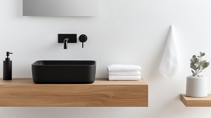 Neutral-toned minimalist bathroom with matte black fixtures and natural wood accents, minimalist bathroom aesthetic, modern contrast