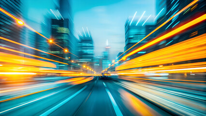 a fast-paced cityscape at night, with a blurred street and city buildings in the background, blue and yellow tone
