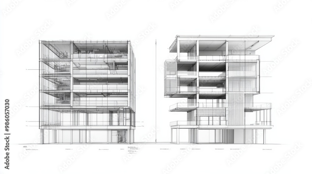 Poster detailed architectural drawing of a modern building design showcasing innovative structure and layou