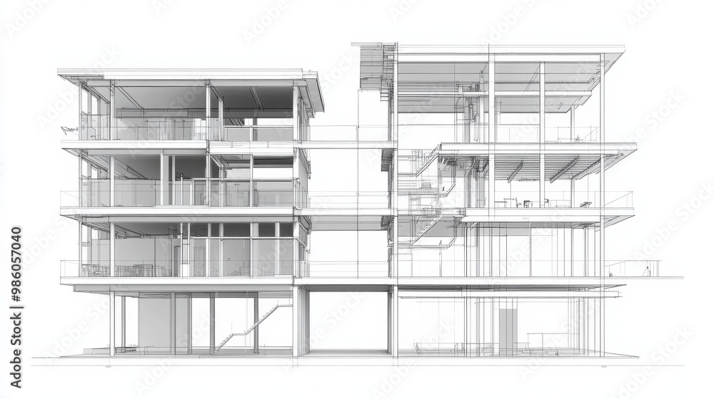 Poster architectural blueprint showcasing modern building design with multiple floors and large windows aga