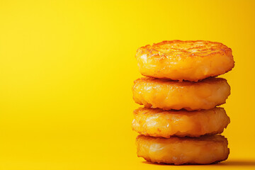 Stacked golden hash browns on a yellow background