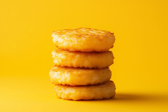 Stacked golden hash browns on a yellow background
