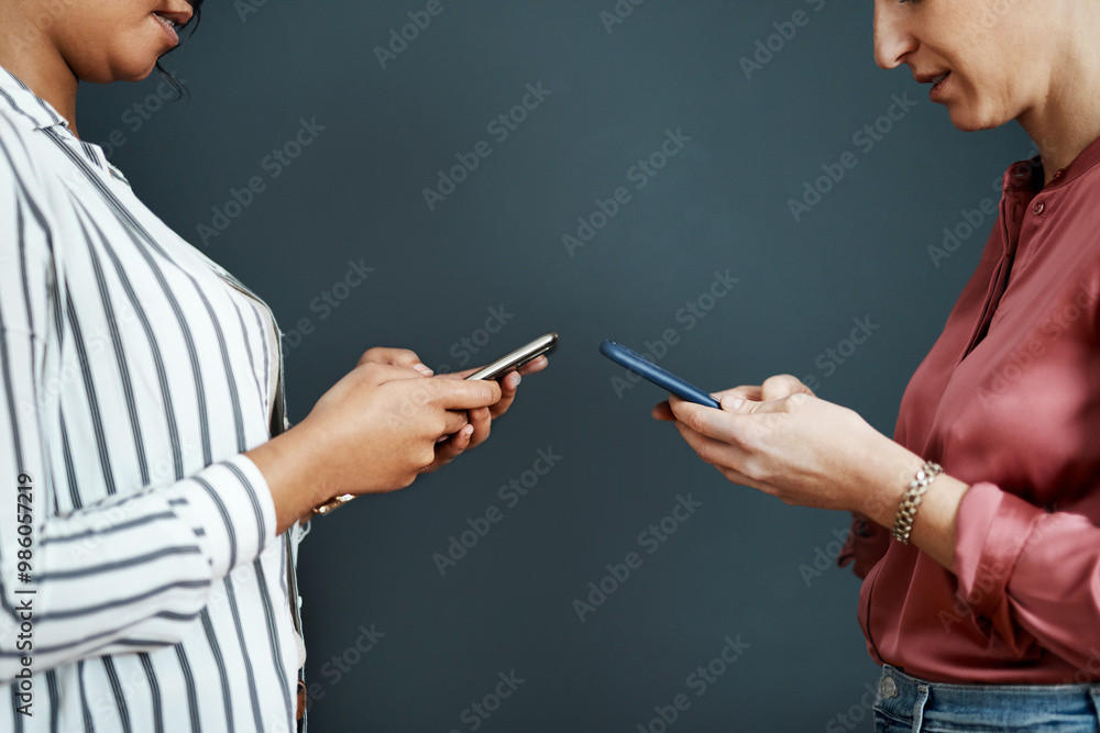 Poster business women, hands or typing with phone for communication, data sync or share in studio. closeup,