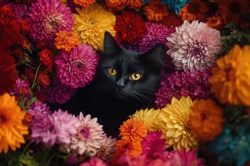 Black Cat Peeking Out From a Bouquet of Colorful Flowers