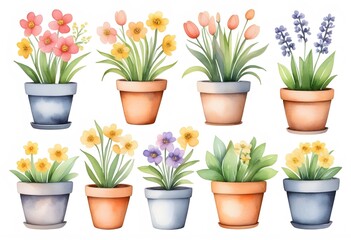 Watercolor seamless pattern with spring flowerpots. Hand drawn tulips, muscari, daffodils and pansies in pots
