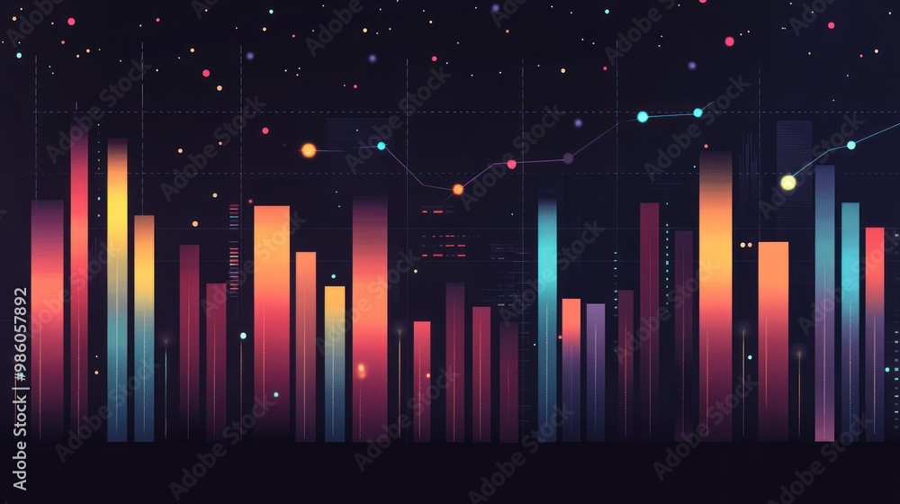 Wall mural abstract futuristic colorful bar graph with glowing dots.
