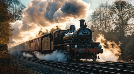 Fototapeta premium A steam train engine chugs along railroad tracks, billowing smoke into the sky.