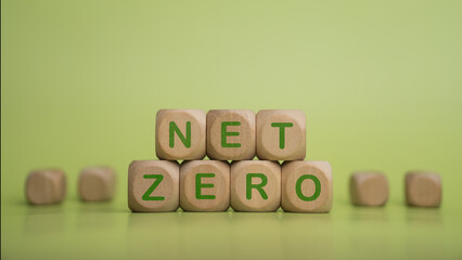 Net Zero and Carbon Neutrality Targets, Long-Term Climate Neutrality Strategy with Wooden Blocks...