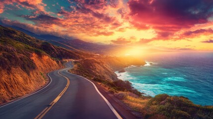 A coastal road with breathtaking ocean views, where the turquoise waters meet the road, and the sunset paints the sky in vibrant hues.