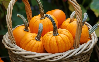 A basket of small pumpkins arranged together, ready for decoration or cooking