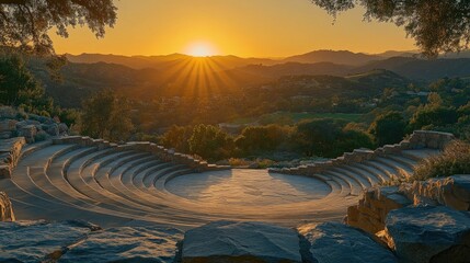A tranquil sunset scene at an amphitheatre overlooking a valley, with the seating made of smooth stone and the stage set against a backdrop of rolling hills. The setting sun casts a golden light over