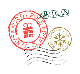 Postal rubber stamps Santa Claus North Pole Merry Christmas. Retro seals for letter envelopes, greeting cards, passport, parcels. 