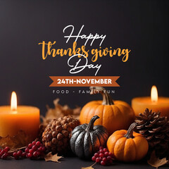 Happy thanks giving day message November greeting social media post pumkin autumn leaves candles