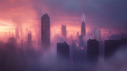 Fototapeta premium A city skyline shrouded in fog, with a pink and purple sunset in the background.